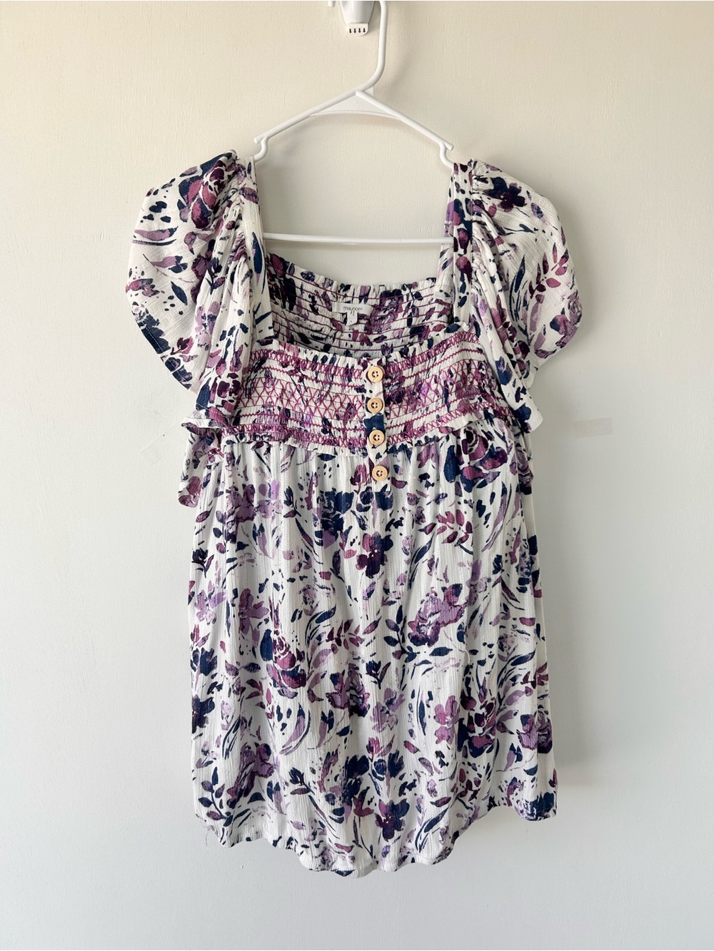 Maurices Cream Floral Smocked Peasant Top - Purple Print